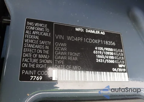 2019 Mercedes-Benz Sprinter 2500 High Roof V6 from USA, damaged, VIN WD4PF1CD0KP118356